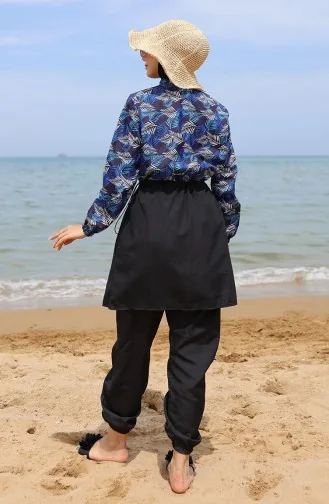 ملابس سباحة للحجاب بتصميم مُطبع عند الخصر 5044-01 لون أزرق وأسود 5044-01