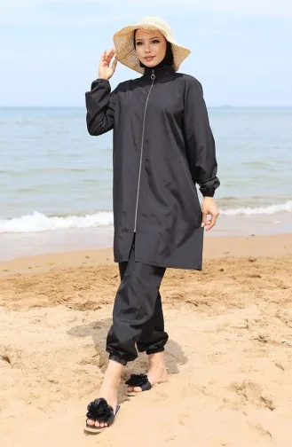 Atlas 2li Fermuarlı Tesettür Mayo Bone Hediyeli 9006-01 Siyah