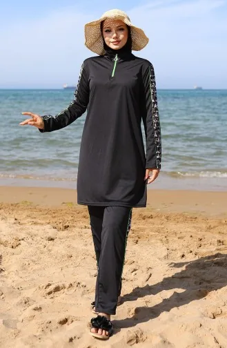 Maillot De Bain Hijab Zippé 2503-01 Noir Vert 2503-01