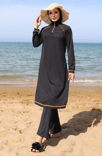 Zippered Hijab Swimsuit 2504-02 Black Orange 2504-02