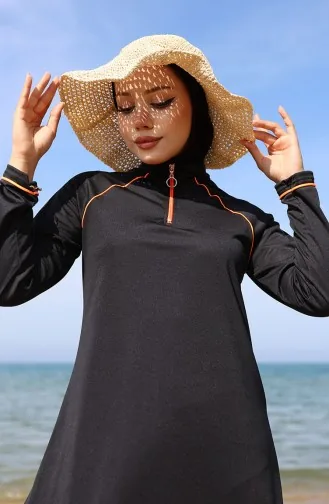 Zippered Hijab Swimsuit 2504-02 Black Orange 2504-02