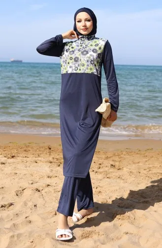 مايوه سباحة محجبات بسحاب منقوش مع غطاء للرأس 2506-01 أزرق داكن وأخضر 2506-01