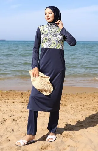 مايوه سباحة محجبات بسحاب منقوش مع غطاء للرأس 2506-01 أزرق داكن وأخضر 2506-01