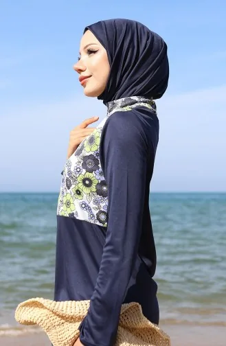 مايوه سباحة محجبات بسحاب منقوش مع غطاء للرأس 2506-01 أزرق داكن وأخضر 2506-01