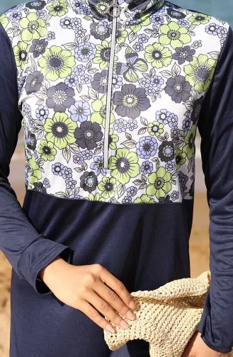 مايوه سباحة محجبات بسحاب منقوش مع غطاء للرأس 2506-01 أزرق داكن وأخضر 2506-01