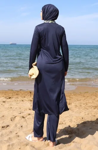 مايوه سباحة محجبات بسحاب منقوش مع غطاء للرأس 2506-01 أزرق داكن وأخضر 2506-01