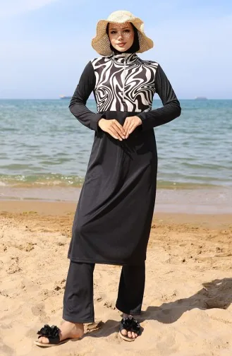 Maillot De Bain Hijab Zippé à Motifs 2507-01 Noir Et Blanc 2507-01