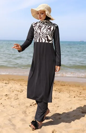 Maillot De Bain Hijab Zippé à Motifs 2507-01 Noir Et Blanc 2507-01