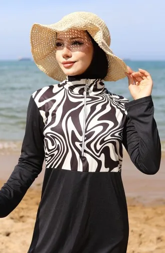 Maillot De Bain Hijab Zippé à Motifs 2507-01 Noir Et Blanc 2507-01