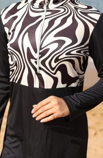 Maillot De Bain Hijab Zippé à Motifs 2507-01 Noir Et Blanc 2507-01