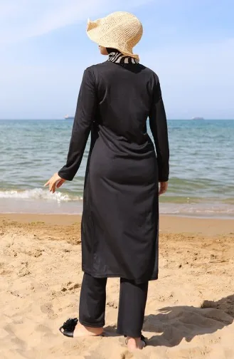 Maillot De Bain Hijab Zippé à Motifs 2507-01 Noir Et Blanc 2507-01