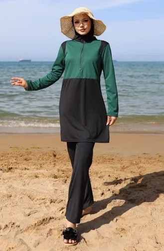 Zippered Hijab Swimsuit 2508-01 Emerald Green Black 2508-01