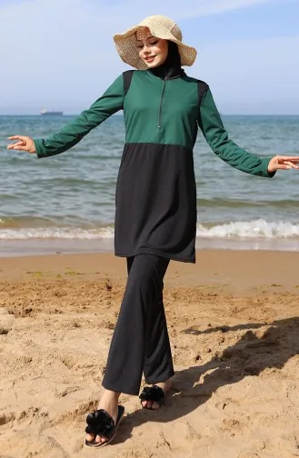 Zippered Hijab Swimsuit 2508-01 Emerald Green Black 2508-01