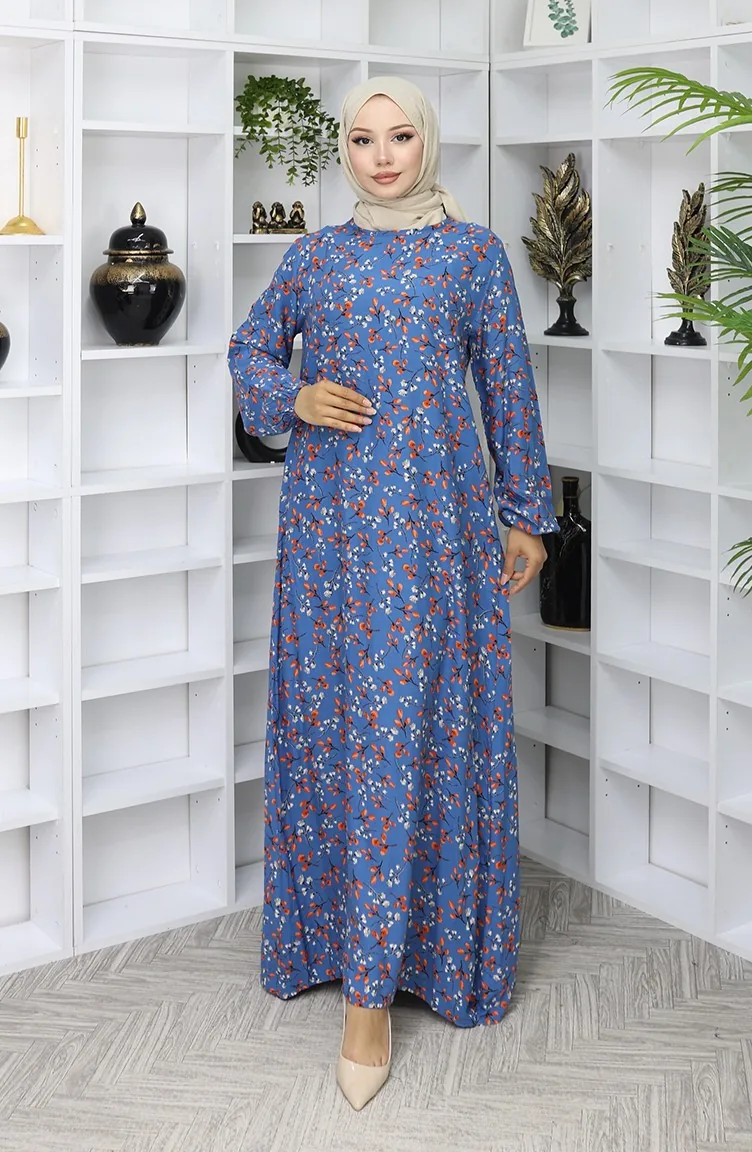 Viskose Stoff Gemustertes Kleid 0055-01 Indigo 0055-01