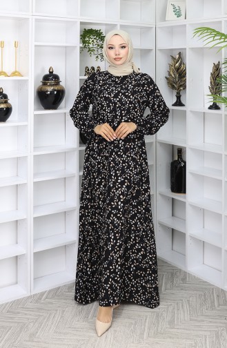 Viskon Kumaş Desenli Elbise 0055-02 Siyah