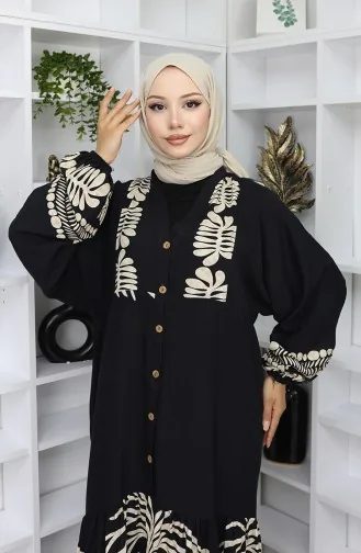 Viskose Stoff Halb Geknöpftes Kleid 0056-01 Schwarz 0056-01