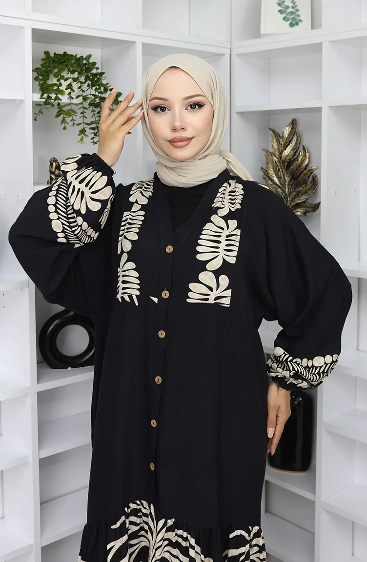 Viskose Stoff Halb Geknöpftes Kleid 0056-01 Schwarz 0056-01