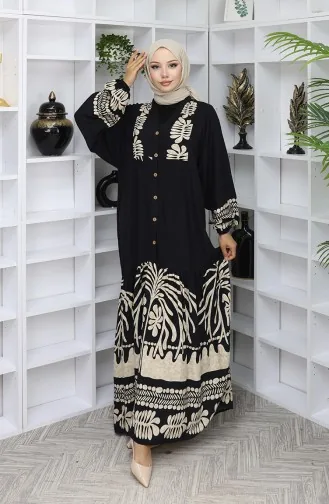 Viskose Stoff Halb Geknöpftes Kleid 0056-01 Schwarz 0056-01