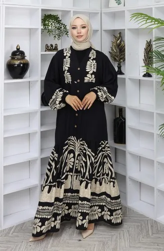 Viskose Stoff Halb Geknöpftes Kleid 0056-01 Schwarz 0056-01
