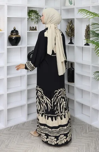 Viskose Stoff Halb Geknöpftes Kleid 0056-01 Schwarz 0056-01