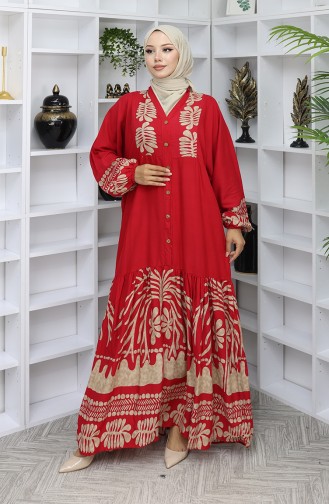 Viskon Kumaş Yarım Düğmeli Elbise 0056-02 Bordo