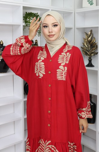 Viskon Kumaş Yarım Düğmeli Elbise 0056-02 Bordo