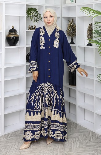 Viskon Kumaş Yarım Düğmeli Elbise 0056-03 Lacivert