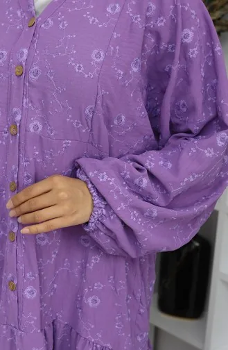 Robe Brodée à Demi-boutons 0059-02 Lilas 0059-02
