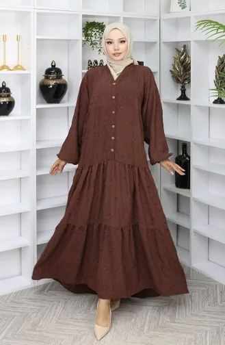 Besticktes Kleid Mit Halben Knöpfen 0059-03 Braun 0059-03