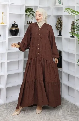 Besticktes Kleid Mit Halben Knöpfen 0059-03 Braun 0059-03
