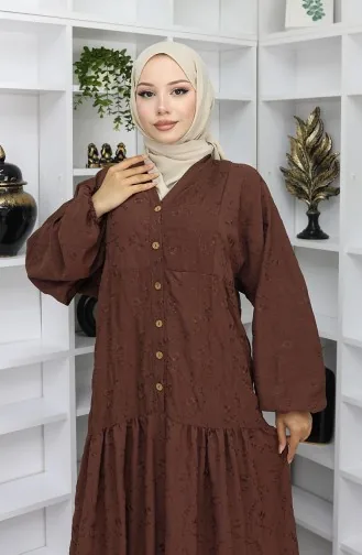 Besticktes Kleid Mit Halben Knöpfen 0059-03 Braun 0059-03