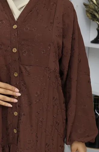Besticktes Kleid Mit Halben Knöpfen 0059-03 Braun 0059-03