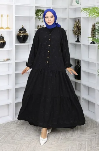 Robe Brodée à Demi-bouton 0059-04 Noir 0059-04