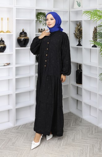 Nakış İşlemeli Yarım Düğmeli Elbise 0059-04 Siyah