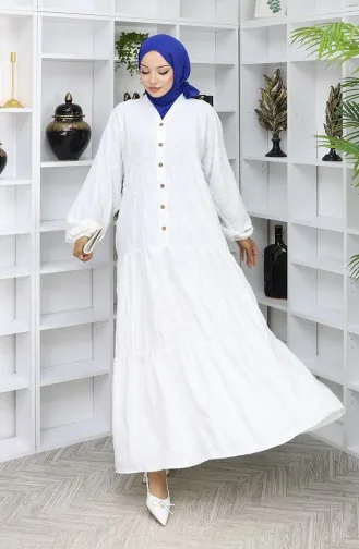 Embroidered Half Button Dress 0059-05 Ecru 0059-05