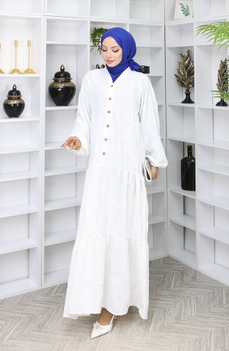 Nakış İşlemeli Yarım Düğmeli Elbise 0059-05 Ekru
