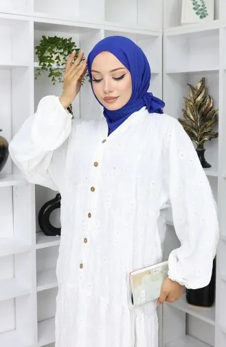 Embroidered Half Button Dress 0059-05 Ecru 0059-05