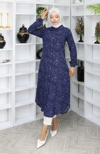 Viskose Stoff Geknöpfte Lange Tunika 0070-05 Marineblau 0070-05