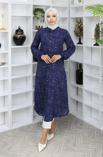 Viskose Stoff Geknöpfte Lange Tunika 0070-05 Marineblau 0070-05