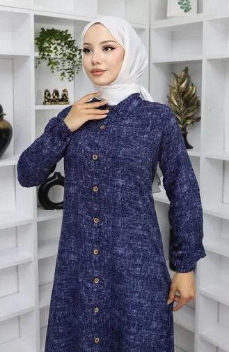 Viskose Stoff Geknöpfte Lange Tunika 0070-05 Marineblau 0070-05