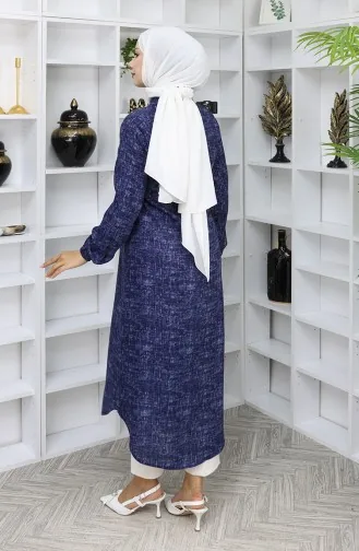 Viskose Stoff Geknöpfte Lange Tunika 0070-05 Marineblau 0070-05
