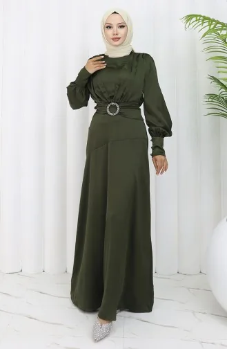 فستان سهرة ساتان للمحجبات 6001-01 أخضر غامق 6001-01