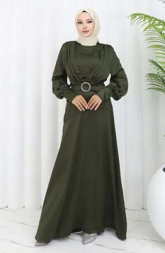 فستان سهرة ساتان للمحجبات 6001-01 أخضر غامق 6001-01