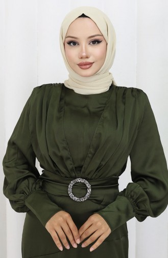 فستان سهرة ساتان للمحجبات 6001-01 أخضر غامق 6001-01
