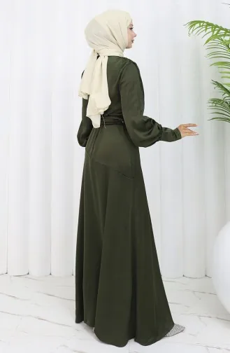 فستان سهرة ساتان للمحجبات 6001-01 أخضر غامق 6001-01