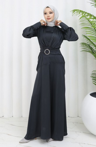 Katmerli Saten Abiye Elbise 6001-02 Siyah
