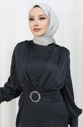 Katmerli Saten Abiye Elbise 6001-02 Siyah
