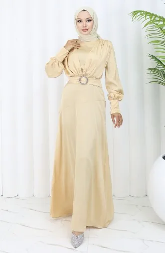 Layered Satin Evening Dress 6001-03 Beige 6001-03