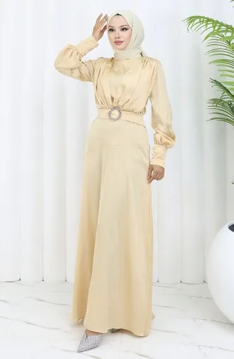 Layered Satin Evening Dress 6001-03 Beige 6001-03