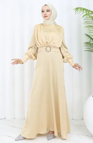 Layered Satin Evening Dress 6001-03 Beige 6001-03